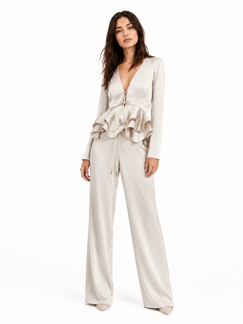 ALEXIS Reagan Long-Sleeve Lace-Up 0706 Peplum top champagne satin XS
